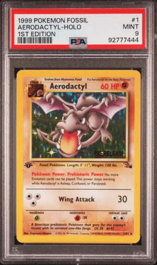 1999 POKEMON FOSSIL #1 AERODACTYL-HOLO 1ST EDITION PRERELEASE PSA 9